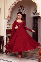 Cherry Red Faux Georgette Anarkali with Mirror Neckline & 7M Flair