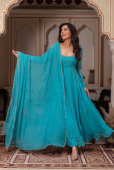 Festive Special Teal Blue Fully Flair Handwork Anarkali Suit
