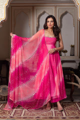 Women Hot Pink Faux Georgette Anarkali Gown with Dupatta