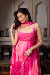 Women Hot Pink Faux Georgette Anarkali Gown with Dupatta