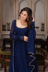 Women Royal Navy Blue Faux Georgette Anarkali Gown Set