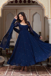 Women Navy Blue Faux Georgette Handwork Anarkali Suit Set