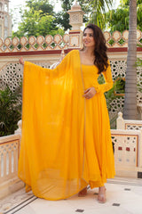 Women Royal Mustard Yellow Faux Georgette Anarkali Gown with Dupatta