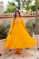 Women Royal Mustard Yellow Faux Georgette Anarkali Gown with Dupatta