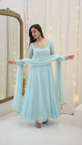 Royal Mustard Sky BlueFaux Georgette Anarkali Gown with Dupatta