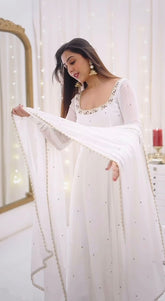 Women Ivory White Faux Georgette Anarkali Gown with Dupatta