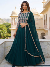 Teal Green Embroidered Georgette Semi Stitiched Lehenga Set