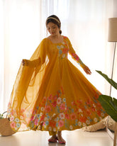 Yellow Soft Organza Silk Printed Anarkali Gown Set with Handwork