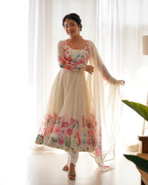 Off White Soft Organza Silk Printed Anarkali Gown Set with Dupatta