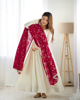 White Heavy Pure Soft Vichitra Silk Anarkali Gown Set with Dupatta