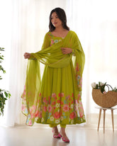 Perrot Green Color Organza Silk Designer Printed Anarkali Suit