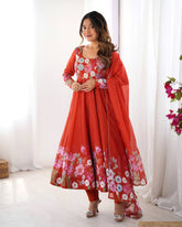 Rust Orange Soft Organza Silk Printed Anarkali Gown Set with Handwork