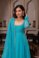 Festive Special Teal Blue Fully Flair Handwork Anarkali Suit