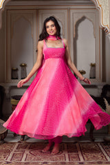Women Hot Pink Faux Georgette Anarkali Gown with Dupatta