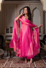 Women Hot Pink Faux Georgette Anarkali Gown with Dupatta