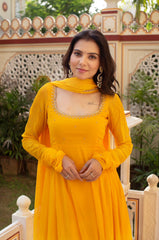 Women Royal Mustard Yellow Faux Georgette Anarkali Gown with Dupatta
