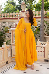 Women Royal Mustard Yellow Faux Georgette Anarkali Gown with Dupatta