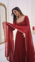 Cherry Red Faux Georgette Anarkali Gown with Dupatta