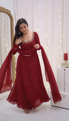 Cherry Red Faux Georgette Anarkali Gown with Dupatta