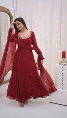 Cherry Red Faux Georgette Anarkali Gown with Dupatta