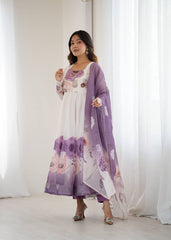 Soft Organza Silk Printed Anarkali Gown Set with Handwork