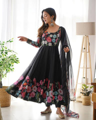 Black Soft Organza Silk Printed Anarkali Gown Set with Handwork