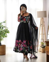Black Soft Organza Silk Printed Anarkali Gown Set with Handwork