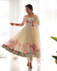 Off White Soft Organza Silk Printed Anarkali Gown Set with Dupatta
