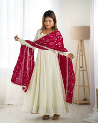 White Heavy Pure Soft Vichitra Silk Anarkali Gown Set with Dupatta