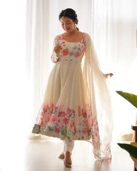 Off White Soft Organza Silk Printed Anarkali Gown Set with Dupatta