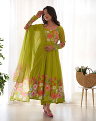Perrot Green Color Organza Silk Designer Printed Anarkali Suit