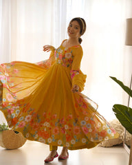 Yellow Soft Organza Silk Printed Anarkali Gown Set with Handwork