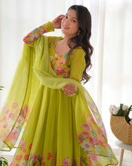 Perrot Green Color Organza Silk Designer Printed Anarkali Suit