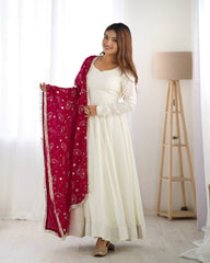 White Heavy Pure Soft Vichitra Silk Anarkali Gown Set with Dupatta