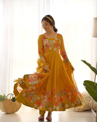 Yellow Soft Organza Silk Printed Anarkali Gown Set with Handwork