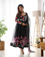 Black Soft Organza Silk Printed Anarkali Gown Set with Handwork