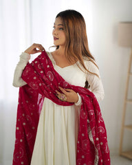 White Heavy Pure Soft Vichitra Silk Anarkali Gown Set with Dupatta